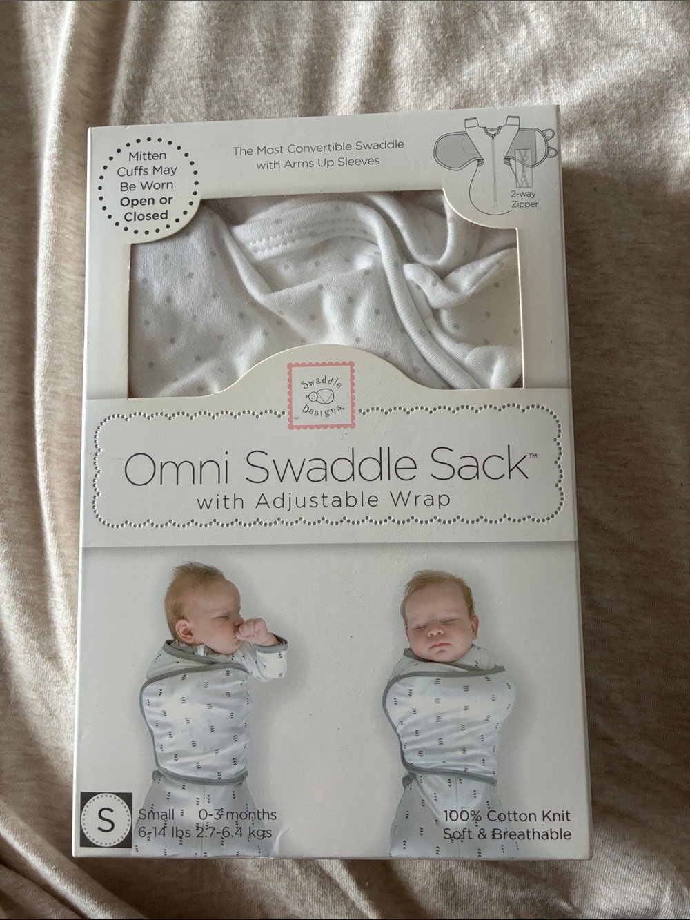 Swaddle Designs Omni Swaddle Sack in White with Gray Trim and Dot Print
